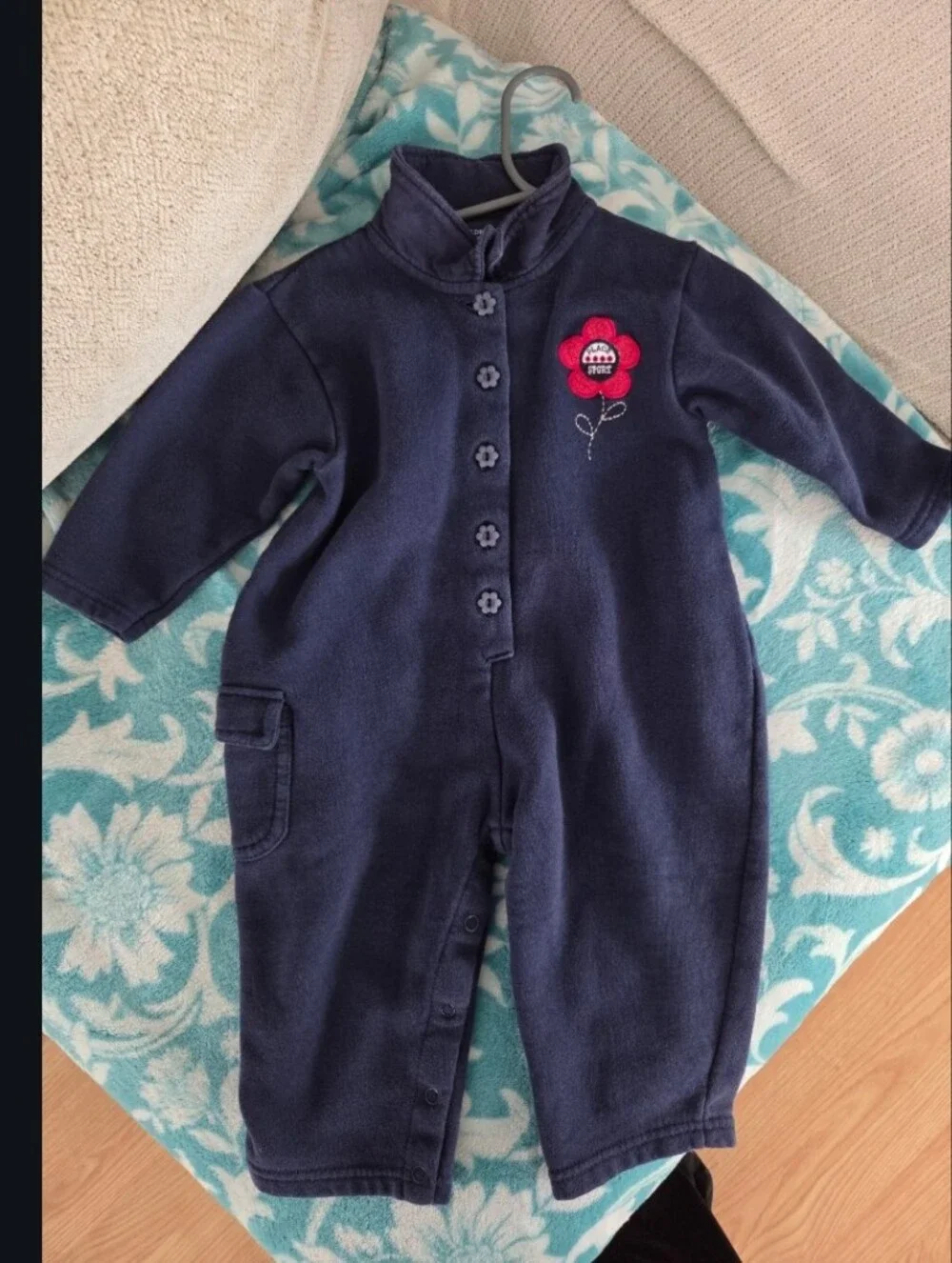 The Children's Place Navy One-Piece with Pink Flower Appliqué